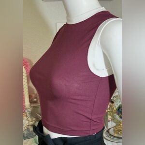 Skims Crop Top Sleeveless Fitted Knit in Burgundy Red with White Trim Size XXS